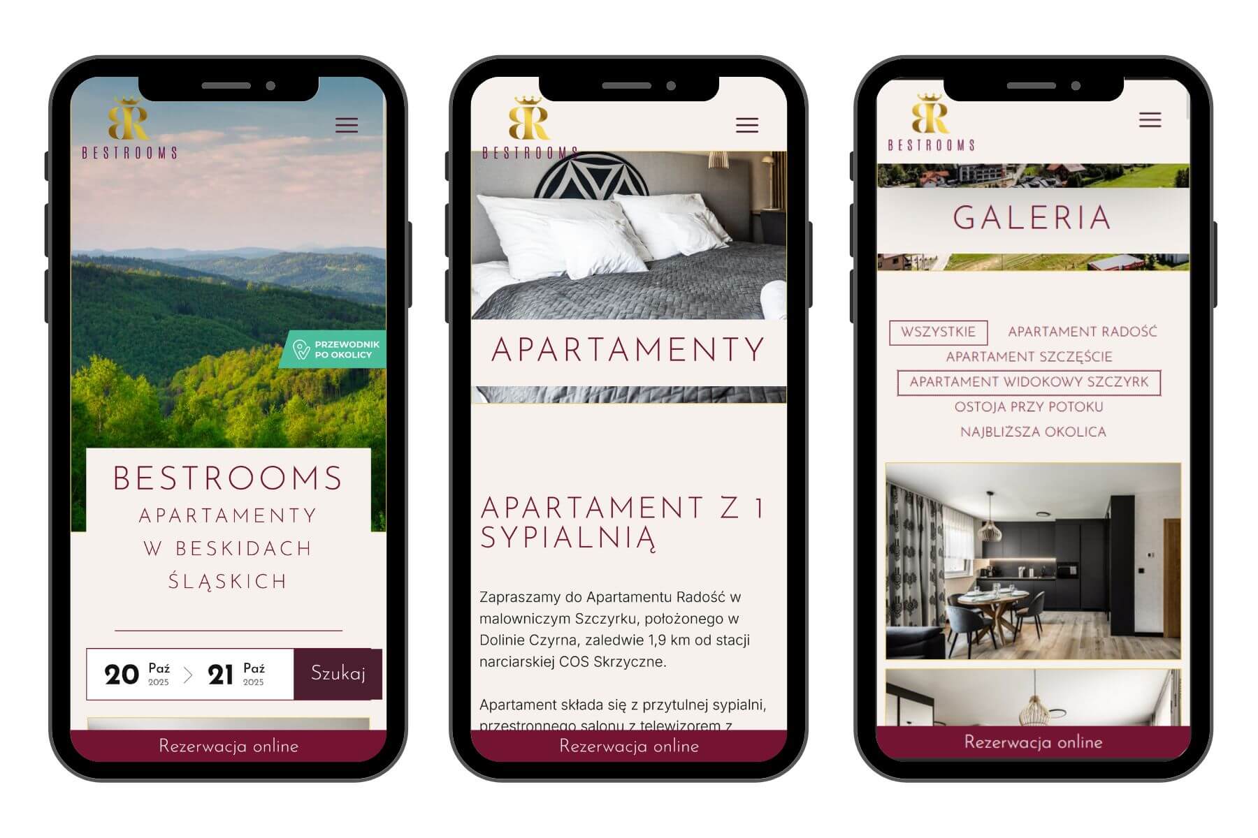 bestrooms.com.pl widoki mobilne hotelowej strony internetowej